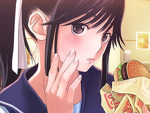 blushing black haired female anime character illustration
