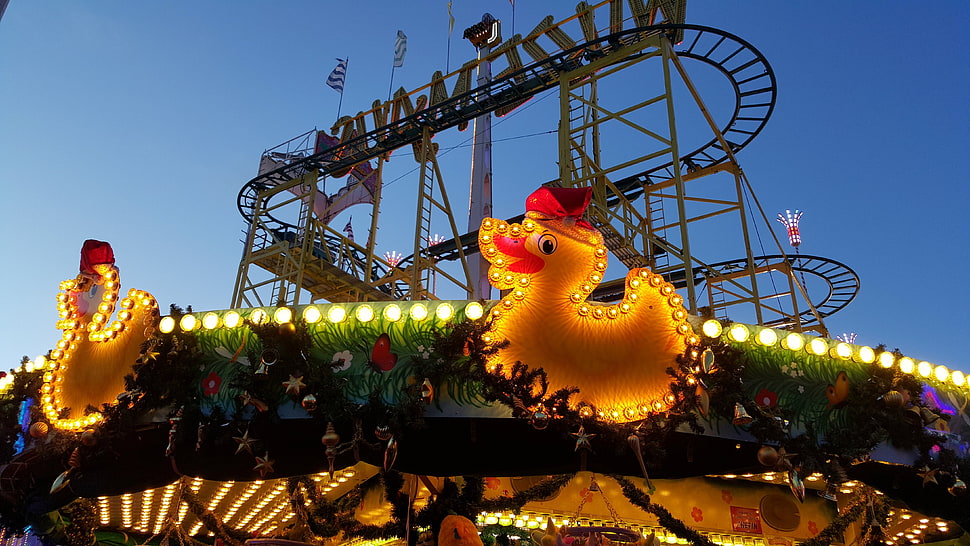 two duckling with light fixture overlooking roller coaster HD wallpaper