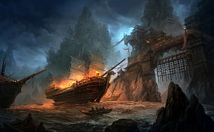 boat and arch wallpaper, fantasy art, ship, boat, battle HD wallpaper