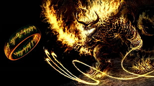 monster with fire illustration, The Lord of the Rings, Balrog, rings, Middle-earth