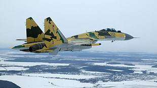 yellow and gray jet fighter plane, military, military aircraft, jet fighter, Sukhoi Su-35
