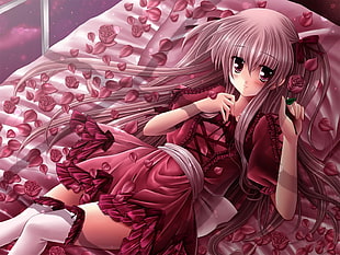 Anime Character laying on bed with rose petals