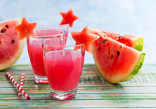 two drinking glasses and watermelon juices, melons, food, drink