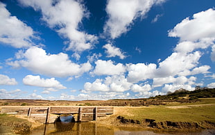 landscape photo of wooden bridge HD wallpaper