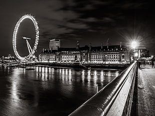 grayscale photo of London Eye during nighttime
