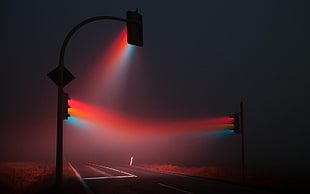 black street light, night, traffic lights, mist