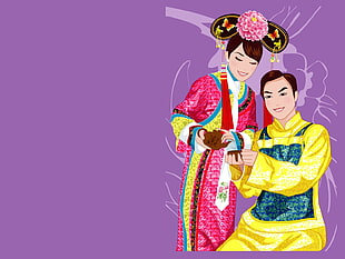 man and woman in traditional dress in wedding ceremony illustration HD wallpaper