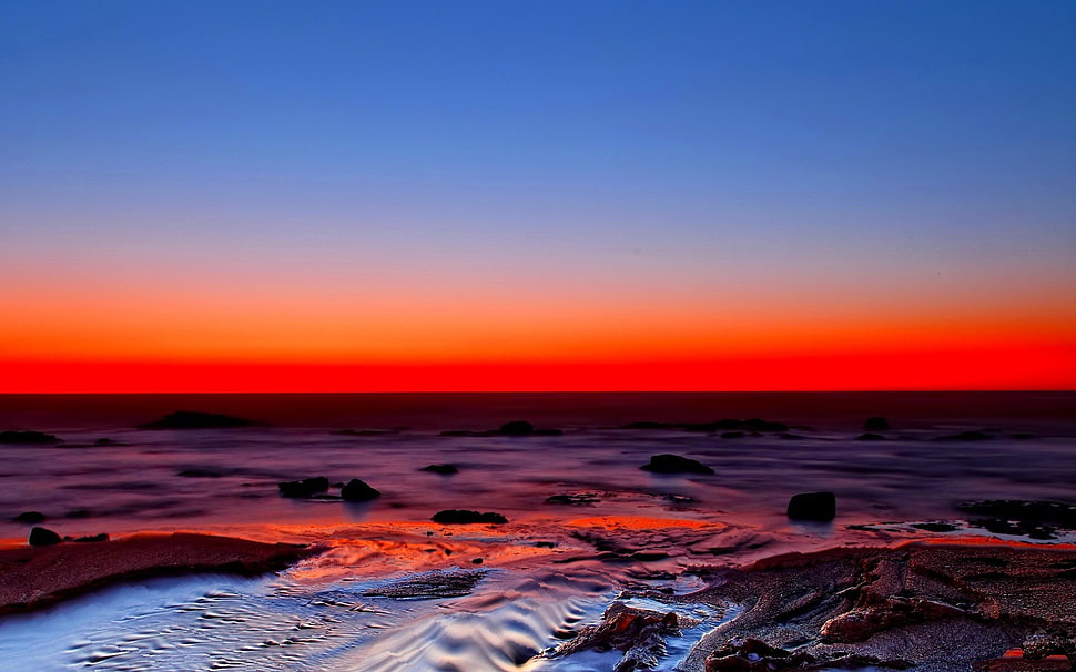 landscape photo of sunset, water, sea HD wallpaper
