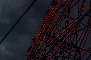 black and red signage, ferris wheel, artificial lights, evening
