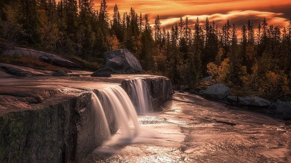 waterfalls photo, nature, landscape, pine trees, rocks HD wallpaper