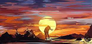 silhouette of couple kissing on seashore digital wallpaper, artwork, illustration, Circle art, sunset