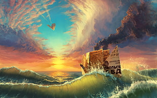 paper boat on ocean painting, nature, landscape, ship, water