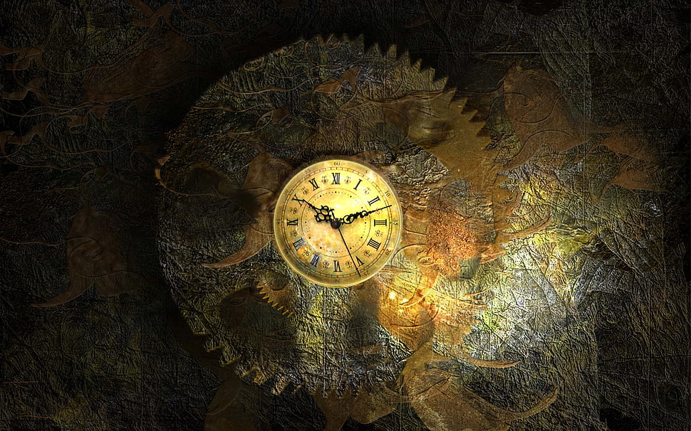 round gold analog clock digital wallpaper, clocks, clockworks, vintage, Roman numerals HD wallpaper