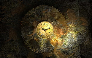round gold analog clock digital wallpaper, clocks, clockworks, vintage, Roman numerals