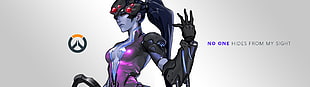 black and purple robot illustration, multiple display, dual monitors, Overwatch, cleavage