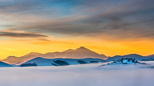 silhouette of mountain surrounded by mist, nature, landscape, mountains, clouds