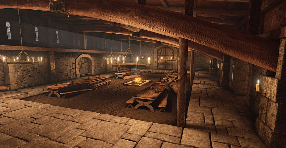 brown house interior, 3D, medieval, candles HD wallpaper