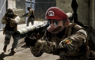 Supermario wearing camouflage shirt holding bazooka photo