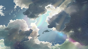 clouds painting, anime, Makoto Shinkai , The Garden of Words, rainbows