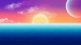 sunset, planet, space, vintage, colorful