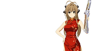 brown haired female anime character, Amagi Brilliant Park, Sento Isuzu, white background, Chinese dress