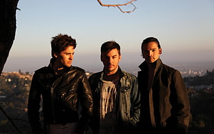 three man wearing leather and denim jacket HD wallpaper