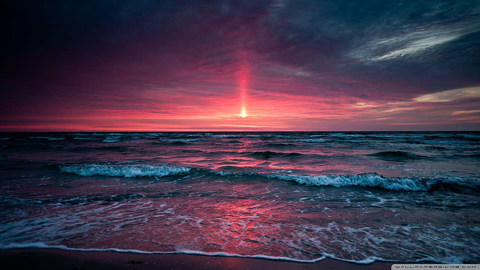 rectangular brown wooden coffee table, sunset, sea, sky HD wallpaper