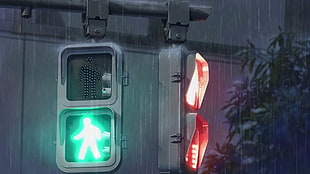 gray traffic light, rain, traffic lights, light green HD wallpaper