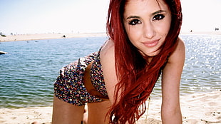 women's multicolored swimsuit, redhead, Ariana Grande, women, model HD wallpaper