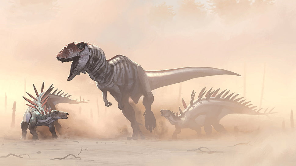 three gray dinosaurs illustrations HD wallpaper