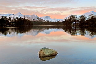 snow covered mountain reflection on calm body of water during daytime, derwent water, cumbria