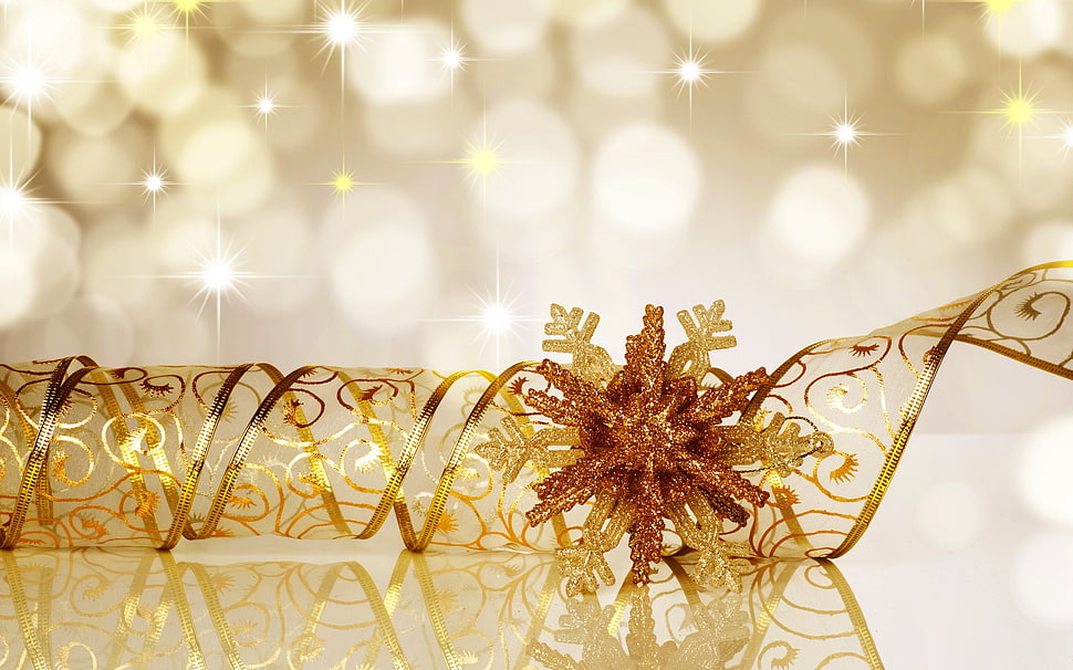 gold textile, Christmas, New Year, ribbon, decorations HD wallpaper