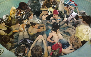 people and animals bathing on round pool