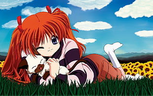orange haired woman anime character lying on grass