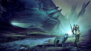 female warrior holding saber beside gray wolf near river and mountain during daytime HD wallpaper
