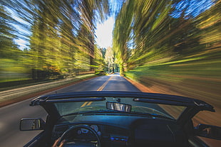 black convertible coupe, driving, motion blur, forest