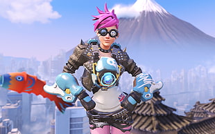 pink-haired female character hands on hip illustration, Tracer (Overwatch), Overwatch, Lena Oxton, Blizzard Entertainment