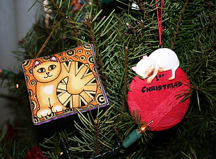 two cat and red yarn Christmas tree ornaments