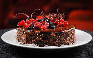 chocolate cake with cherries, chocolate, cake, dessert, fruit HD wallpaper