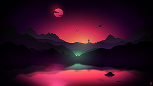 silhouette mountain and bird during golden hour wallpaper