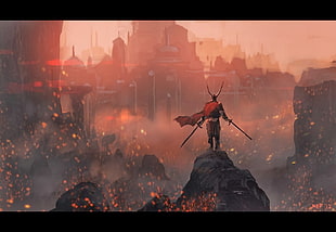 viking holding two swords standing on rock cliff digital wallpaper, fantasy art, fantasy city, knight