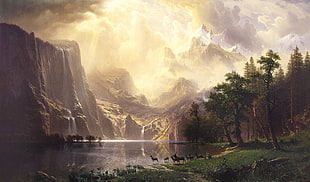landscape photo of lake between mountain and trees painting