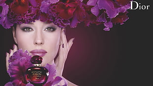 Dior Poison fragrance bottle, Monica Bellucci, commercial, portrait, flowers HD wallpaper