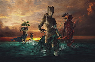 four elements characters digital wallpaper, fantasy art, water, fire, sunset HD wallpaper