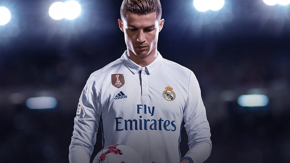 close-up photography of Cristiano Ronaldo man wearing white Adidas Fly Emirates jersey shirt HD wallpaper