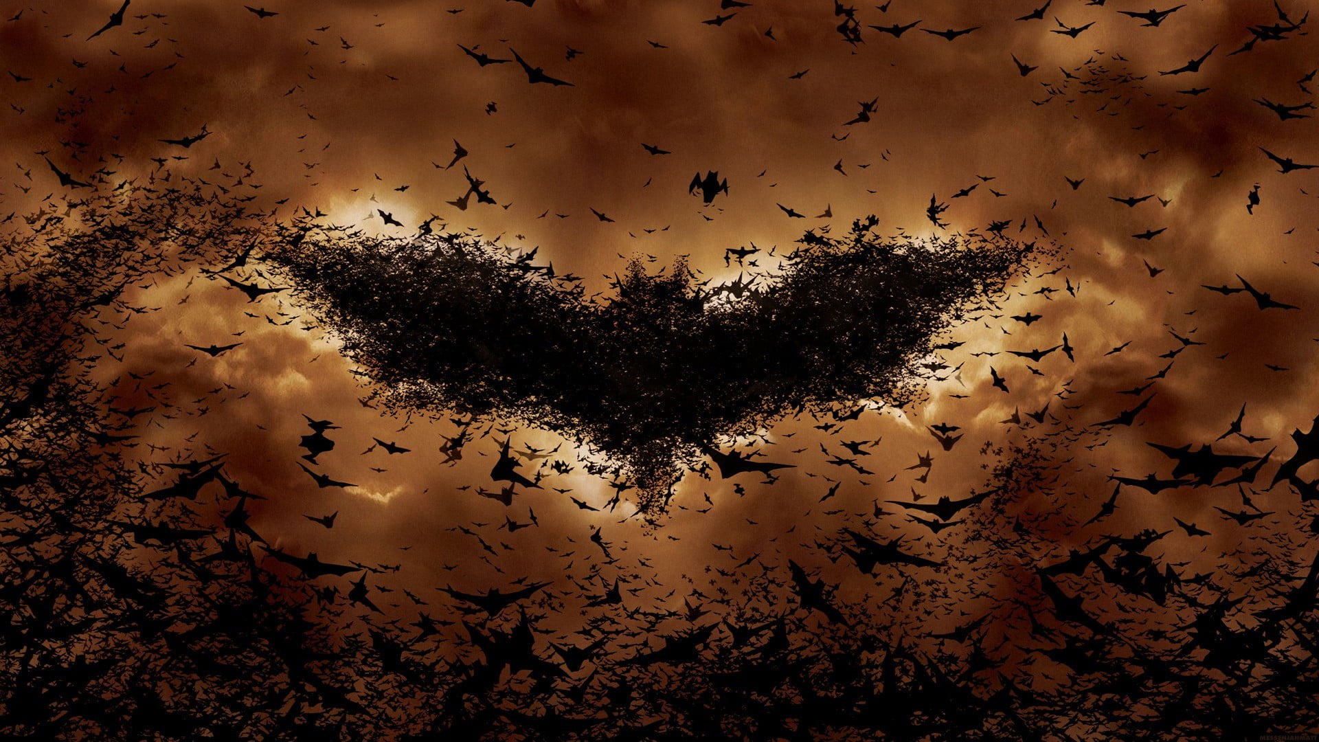 flock of bats creating Batman logo on sky digital wallpaper, Batman, bats, movies, Batman logo