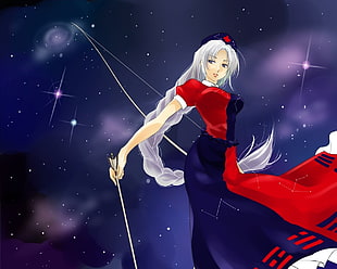 female anime character in red and blue dress and white hair