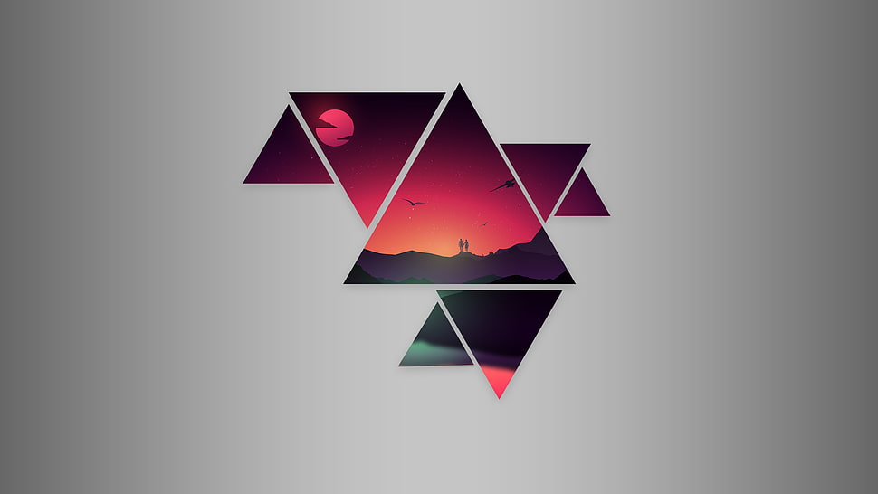 silhouette of persons, abstract, sunset, triangle HD wallpaper