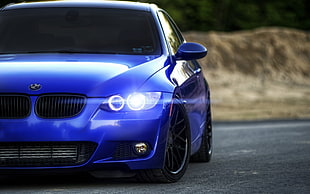 blue BMW vehicle, car, BMW, rims, blurred