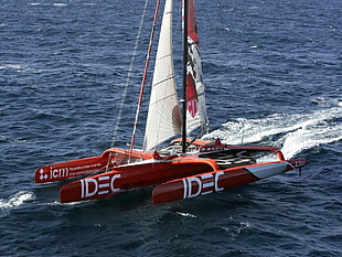 red speed boat, catamaran, boat, vehicle